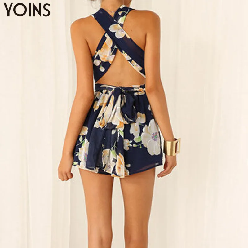 الأزهار طباعة بذلة رومبير الصيف الشيفون البوهيمي شاطئ أكمام الرسن قصيرة Playsuits عارضة فضفاض الجوف خارج داخلية