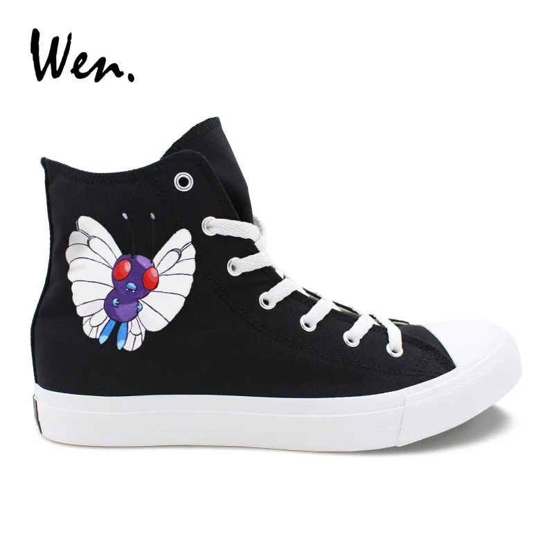 

Wen Hand Painted Anime Shoes Design Pokemon Butterfree Butterfly Canvas Black Shoes Men Women High Top Skateboard Sneakers