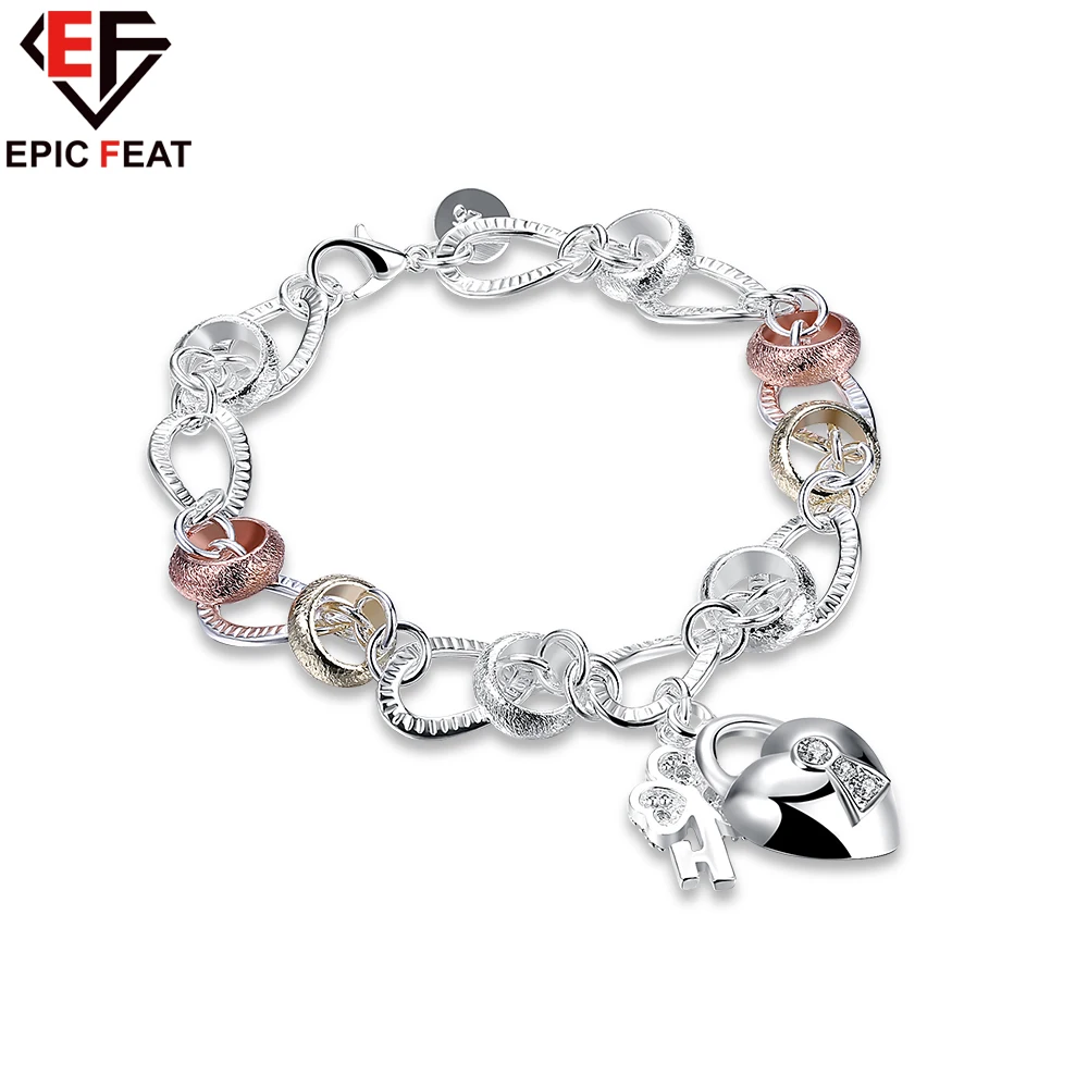 EPICFEAT Silver Plated Key and Lock Pendants Bracelets Girls Charm Bangles Women Fashion Jewelry H233 | Украшения и аксессуары