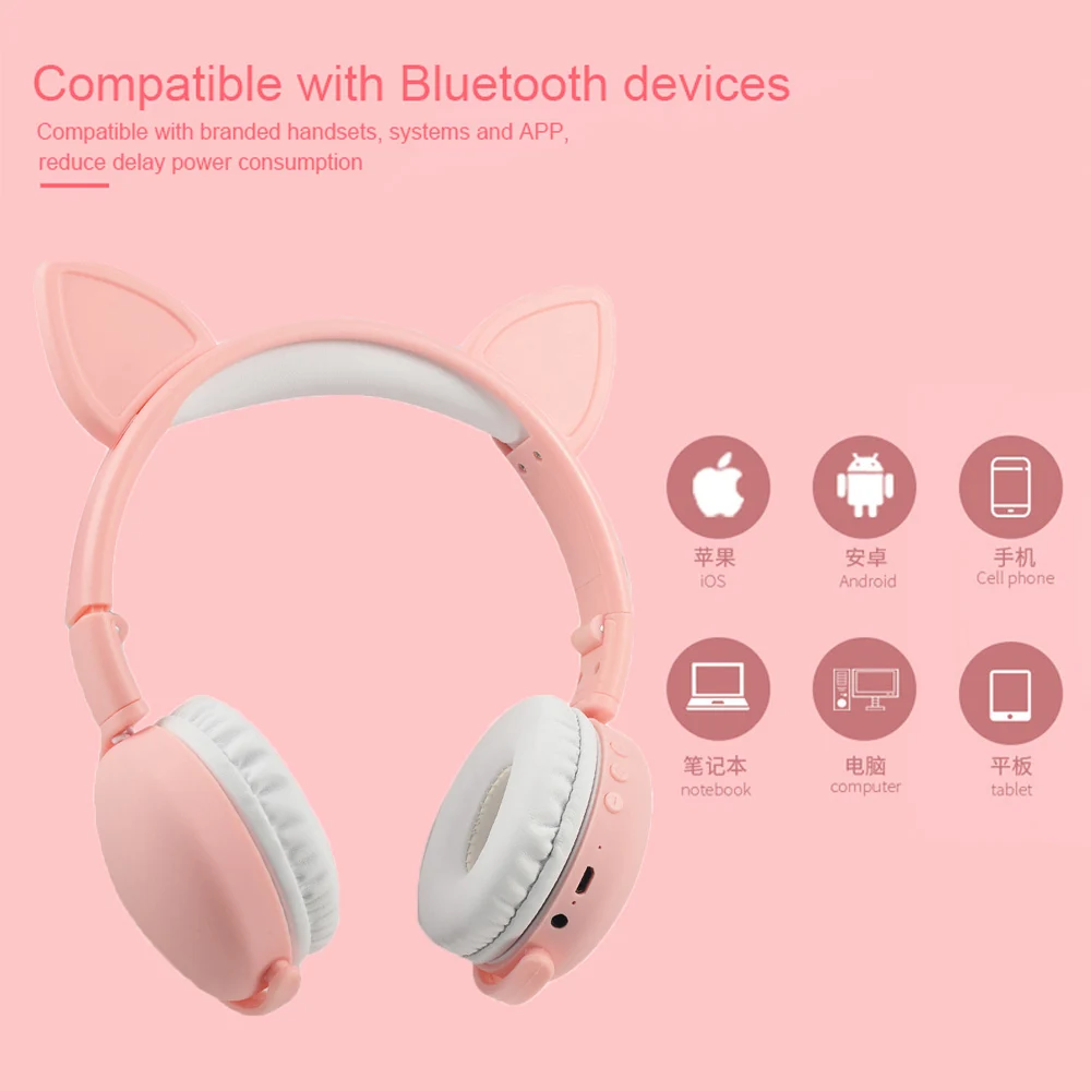 Милые наушники, розовые, Bluetooth 5,0, беспроводные наушники с кроликом, кошкой для девочек, детей, HD стерео гарнитура с микрофоном