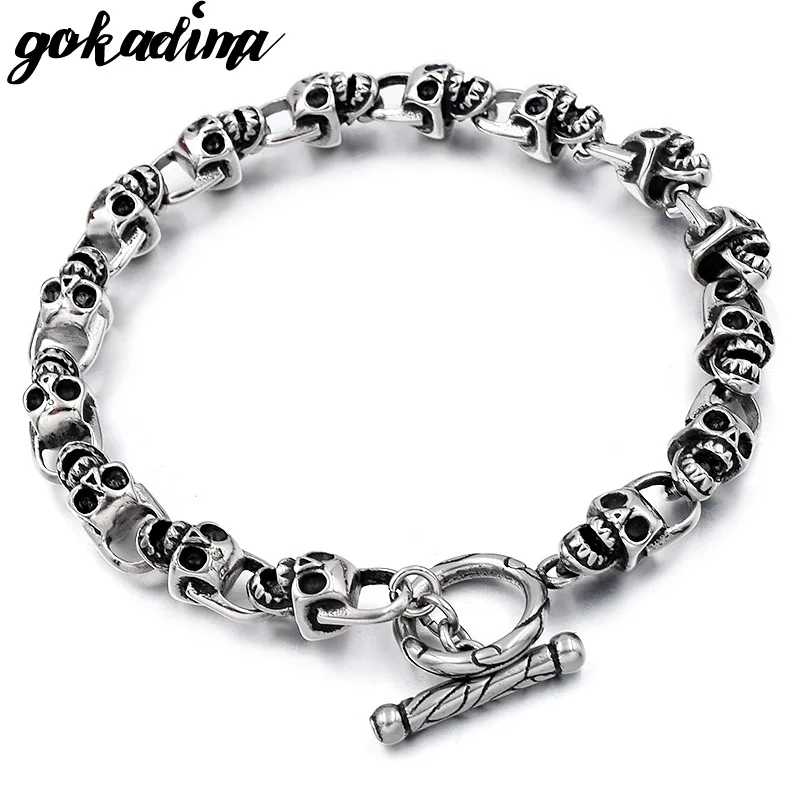 GOKADIMA, 8,4", 8 мм, застежка OT браслет, мужской браслет из нержавеющей стали с черепом, антикварная отделка,, WB076