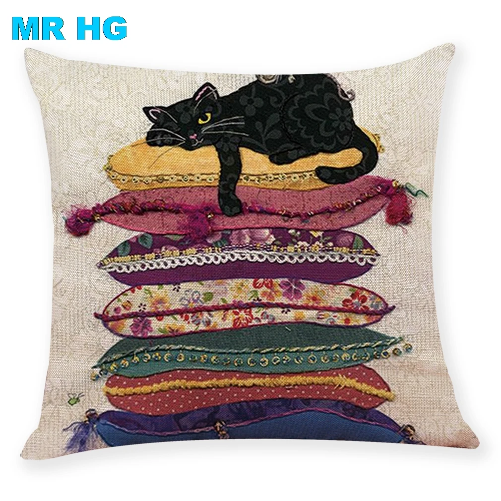 

45x45cm Cushion Case Cute Cat printing Pillowcase linen One side printing Sofa Car Home Decorative Throw pillow Cover Cojines