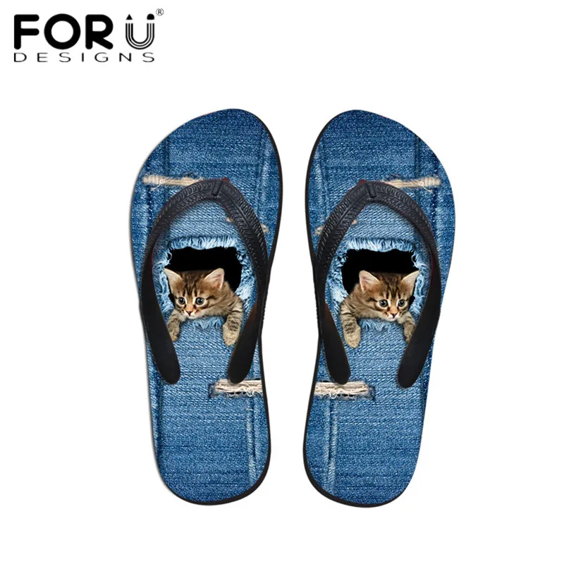 

FORUDESIGNS 2019 Stylish Cute Denim Cat Dog Printing Women Flip Flops Summer Beach Water Slippers for Ladies Girls Sandals Shoes