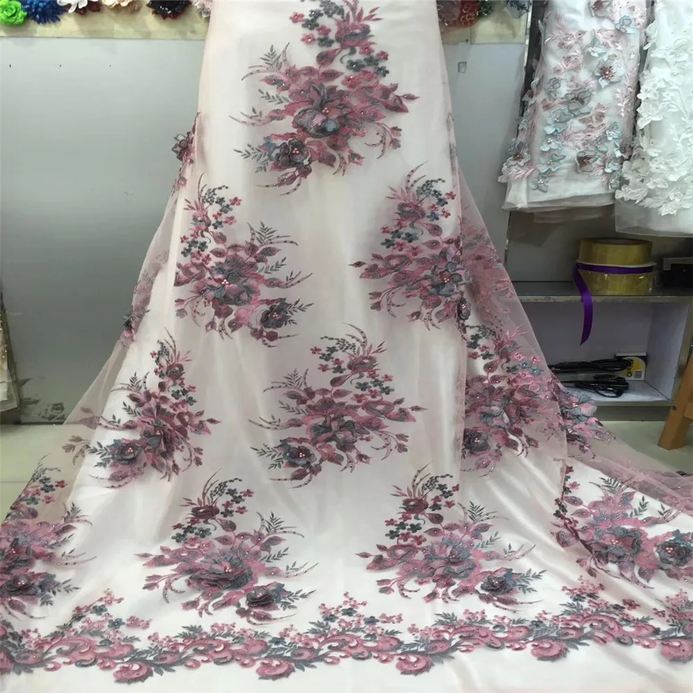 

3d Lace Fabric With Beads Sewing Material 5yard African Lace Fabric 2018 High Quality 3d Flower Fabric With Beads HJ54-1