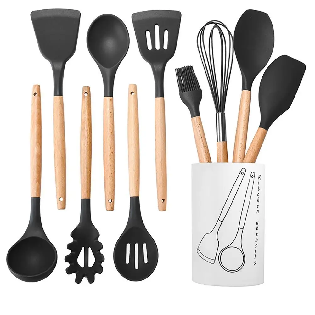 

Waasoscon Silicone Kitchen Utensils 10pcs/set Eco-Friendly Cooking Scoop Spoon Brush Eggbeater Cookware Set With Storage Bucket