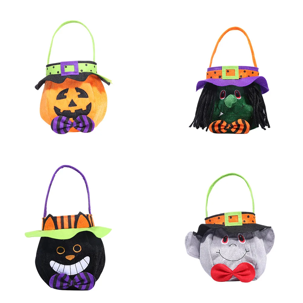 Halloween Candy Gift Bags With Round Cap Tote Bags Pumpkin Witch Black Cat Shape Cloth Sweets Candies Bag Hot Sales