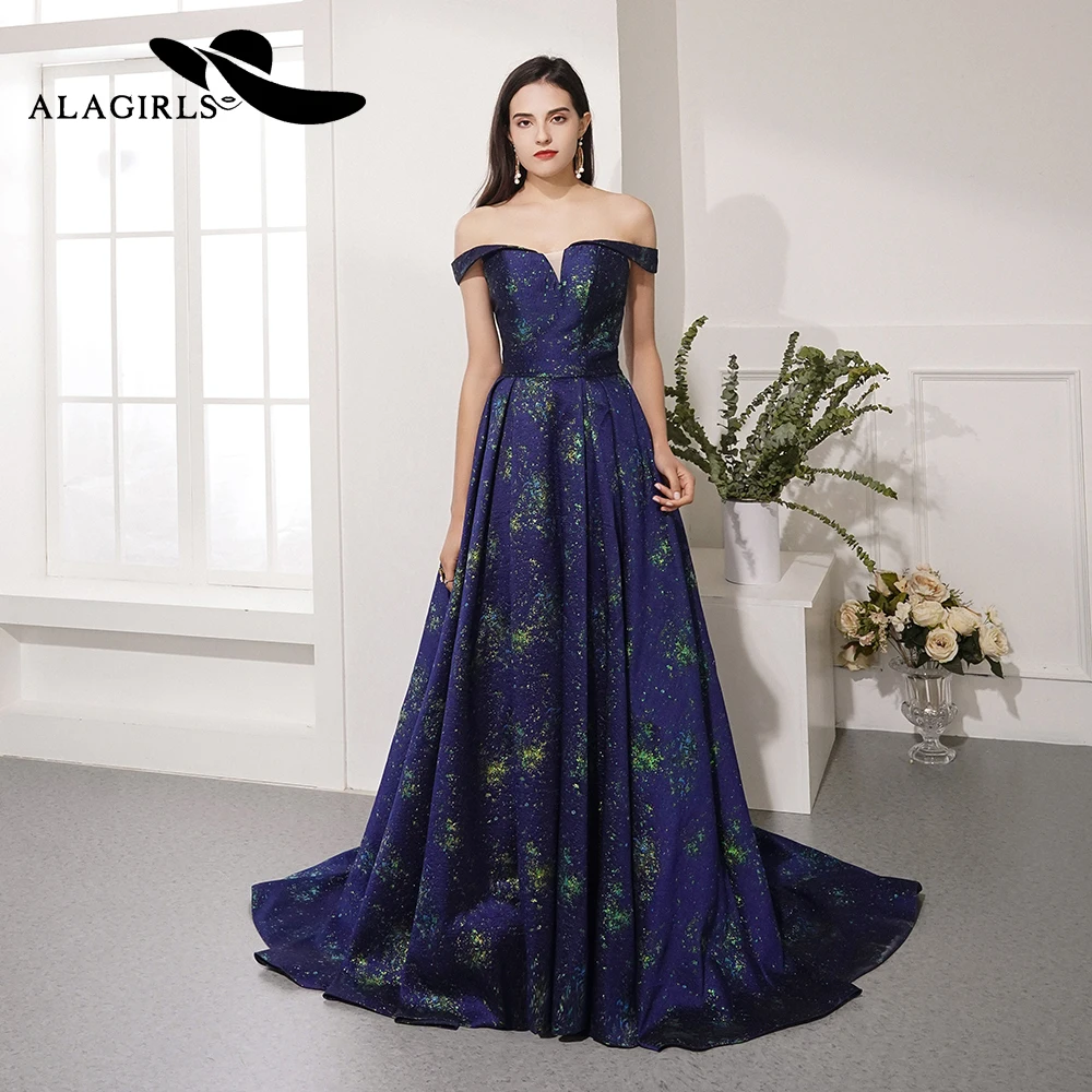 

Alagirls Hot Sale A Line Evening Dress V-Neck Evening Gown Floral Printing Prom Dress Vestido de noche 2019 robe de soiree
