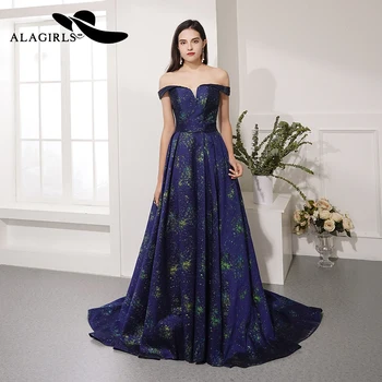 

Alagirls Hot Sale A Line Evening Dress V-Neck Evening Gown Floral Printing Prom Dress Vestido de noche robe de soiree