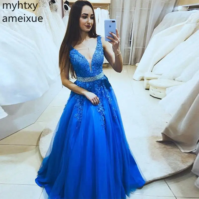 Elegant V-neck Plus Size Prom Dresses Sleeveless Royal Blue Formal Party Gows With Diamonds Sashes Floor Length Dress | Свадьбы и