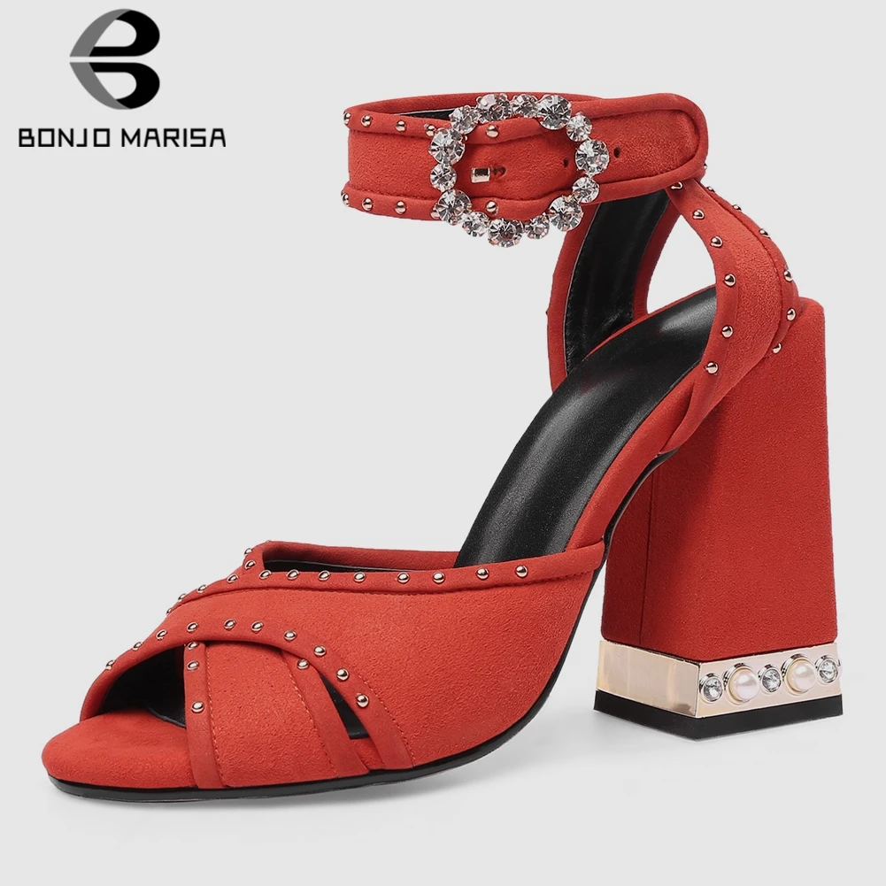

BONJOMARISA New Brand Natural Suede Leather Sandals Women 2019 Summer Large Size 34-43 Crystal High Heels Women Shoes Woman