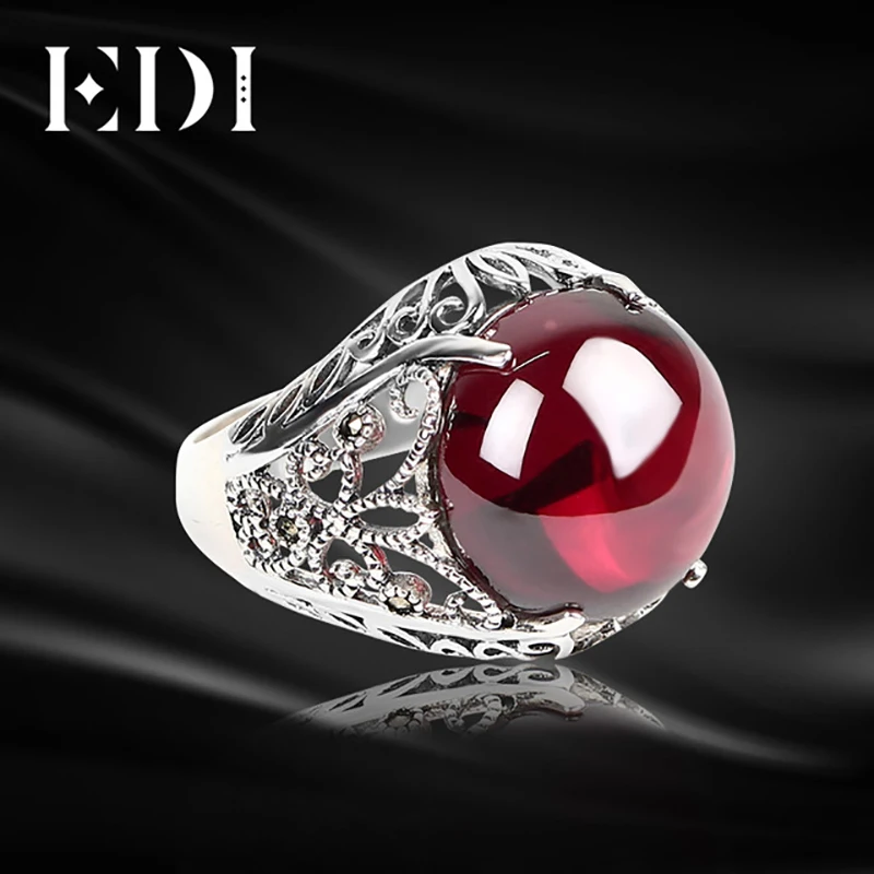 

EDI Retro Women Lace 925 Thai Sterling Sliver Adjustable Silver Rings For Women Wedding Bands Garnet Fine Statement Jewelry