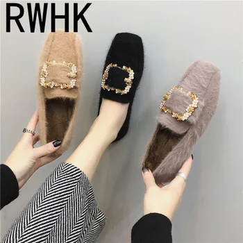 

RWHK 2019 autumn and winter new shallow mouth low set foot shoes women's flat metal buckle rhinestone lazy flat shoes B434