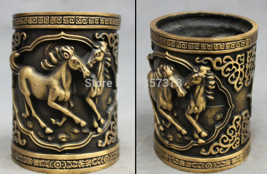 

shitou 00384 Chinese Bronze Year Zodiac Wealth Jump Horse Statue Brush Pot Barrel Pencil Vase
