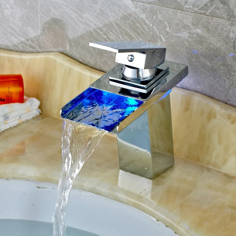 

Free Shipping Chrome Finished Deck Mounted Bathroom Sink Faucet LED Spout Mixer Tap