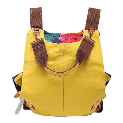 Рюкзак из натуральной кожи в стиле пэчворк с цветочным принтом, повседневный Большой Вместительный ранец, Женский школьный рюкзак для путешествий и отдыха, повседневный рюкзак - Цвет: Цвет: желтый