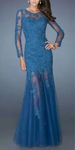 

2015 New Arrival Dark Blue Lace Appliques Evening Dress
