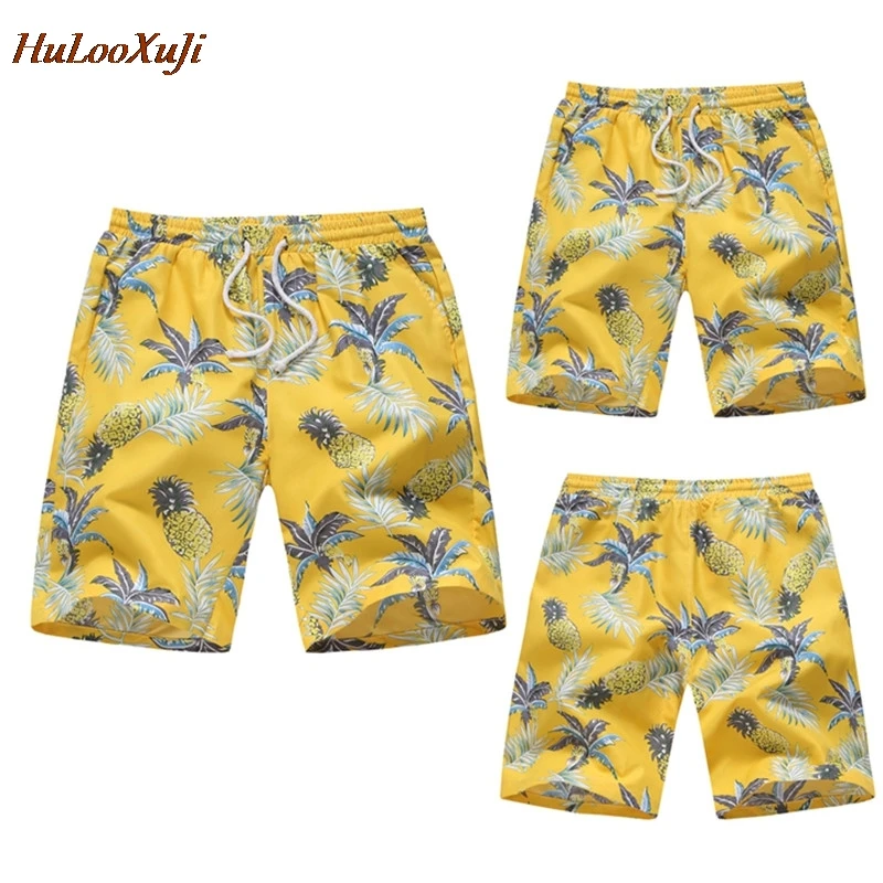 

HuLooXuJi Men Summer Shorts Cotton Casual Brand Comfortable Yellow pineapple Printed Hawaiian Beach Shorts US Size:S-4XL