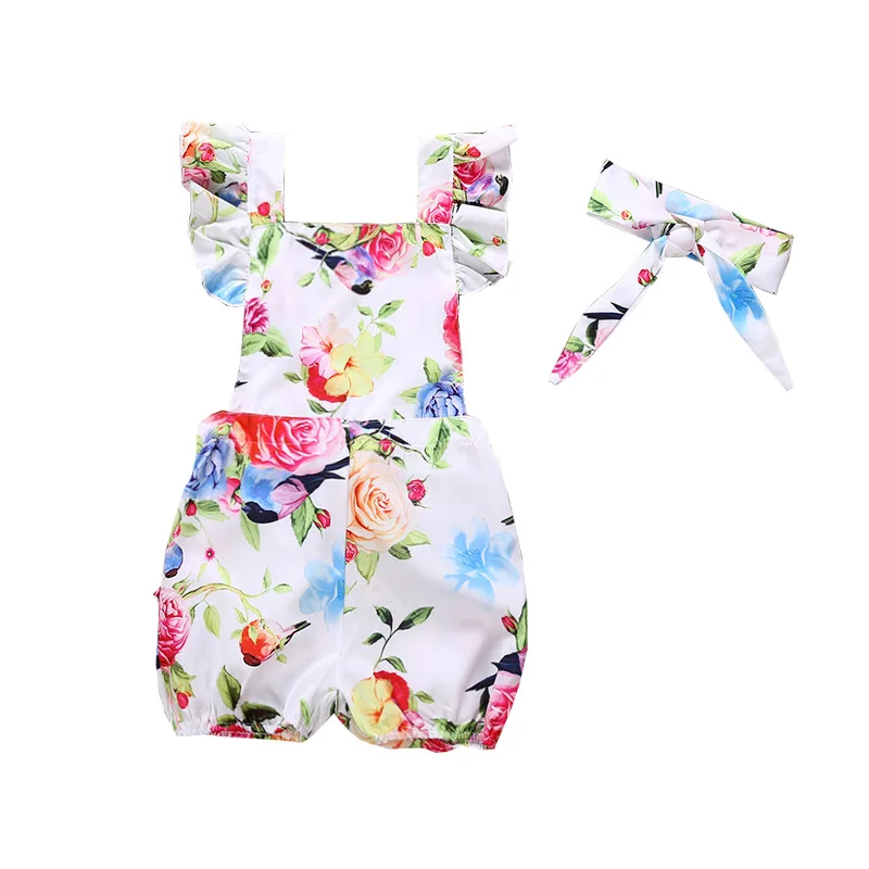 2018 Baby Bodysuit Floral Flutter Sleeve Girl Outfits With Headband 2 Pcs Backless Newborn Onesie Summer Kids |