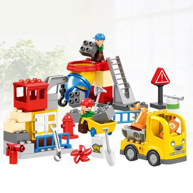 

51PCS City Construction Team Worker Truck Crane Educational Brick Set Boys Role Play Toys Compatible with Duplo Christmas Gift