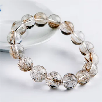 

Genuine Brazil Natural Silver Rutilated Quartz Crystal Clear Stretch Round Bead Bracelet 13mm