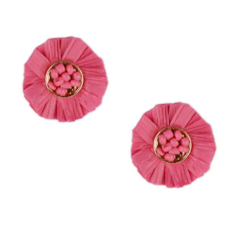 2019 New Fashion Red Rose Natural Color Raffia Fringe Stud Earings Tassel Disk Earrings For Women gift JE0785|Серьги-гвоздики| |