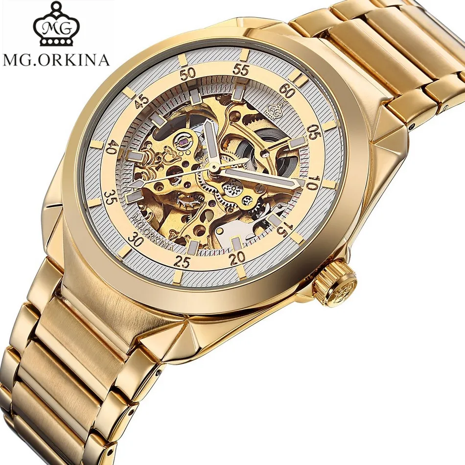 

MG.Orkina Watch Engraving Watches Mens See Througth Auto Mechanical Wristwatch Gift Box Free Ship
