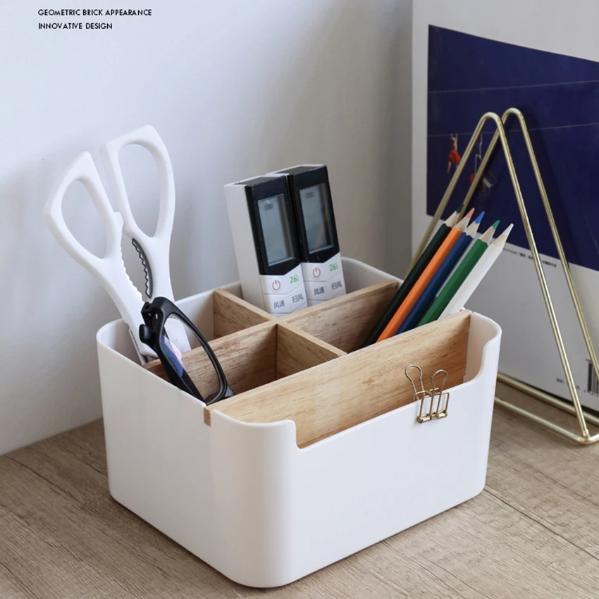 

Wooden Desktop Cosmetic Storage Box Pen Holder Large Capacity Storage Box Remote Control Office Organizer Box Sundries Container