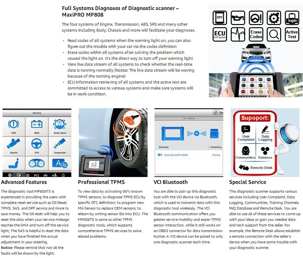 Autel MaxiPro MP808TS полная система Автомобильный сканер Авто OBD2 диагностический инструмент поддержка ABS SRS EPB TPMS сервис такой же как DS808+ TS601 сканер для диагностики авто