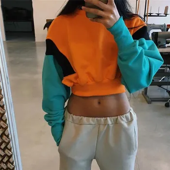 

1pc New Style Women Spring Autumn Cute Color Pacthwork Sweater Long Sleeve Loose Crop Top Sweater Casual Patchwork Pullovers