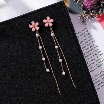 

New Korean Sweet Rhinestone Flower Long Pearl Tassel Drop Earrings Temperament Lady Women Party Gift Jewelry Pendientes 6B3005