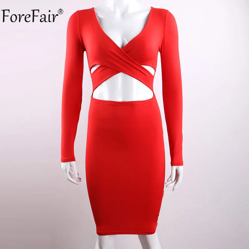 ForeFair с длинным рукавом Bodycon Midi Бандажное платье для женщин хлопок эластичные элегантные сексуальные платья белый черный красный Женское зимнее платье