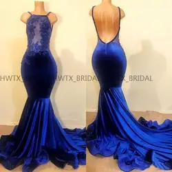 Королевский синий бархатное вечернее платье Длинные 2019 спагетти бретели для нижнего белья в стиле Русалочки без спины Иллюзия бисером