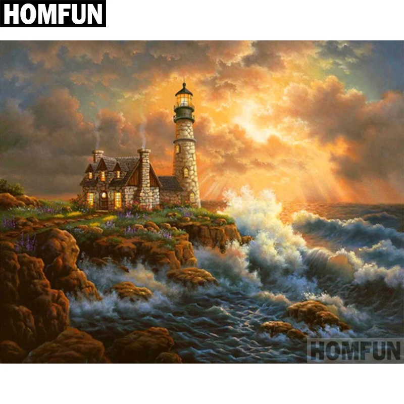 HOMFUN 5D Diamond Painting Full Drill Embroidery &quotOcean Lighthouse&quot Picture Of Rhinestone Handmade Home Decor A06058 | Дом и сад