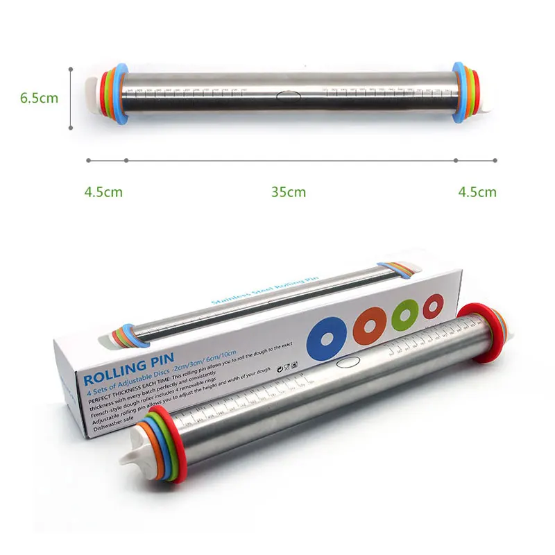 1 Набор Скалка из нержавеющей стали с 4 регулируемыми кольцами. Ролик для теста, используемый пекарями и поварами для пасты, печенья