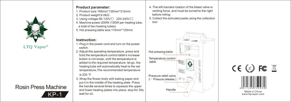 Канифоль пресс машина KP-1 пластины 4 тонны давление отрегулирована темптура контроль Vape концентрат воска КБР масло извлечение инструмент комплект устройства