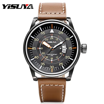 

YISUYA 30 ATM Water Resistant Mens Watches Genuine Leather Band Aviator Clock Casual Sports Japan Quartz Movement Date Relogios