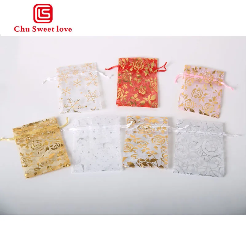 100Pcs Lot 9x12CM Organza Jewelry Gift Small Drawstring Pouches Variety Of Roses Color Picture Optional Organza