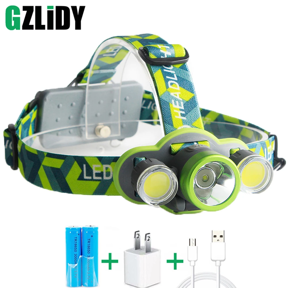 

GZLIDY XML-T6+2COB LED Headlamp USB Rechargeable Head lamp Head Torch Flashlight Camping Sport Light+free USB cable