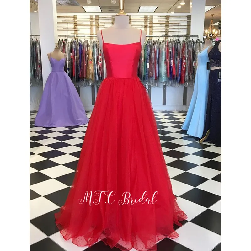 

Simple Red Speck Tulle Long Evening Dress Strapless Spaghetti Strap A Line Floor Length Charming Prom Gown 2019 Vestido De Festa