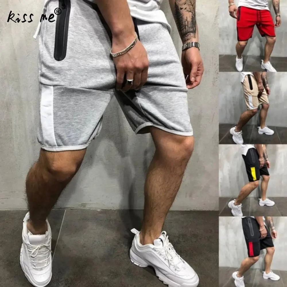 Solid Striped Men Gym Shorts Run Fitness Shorts Men Sports Loose Running Shorts With Zipper Pocket Breathable Sport Wear