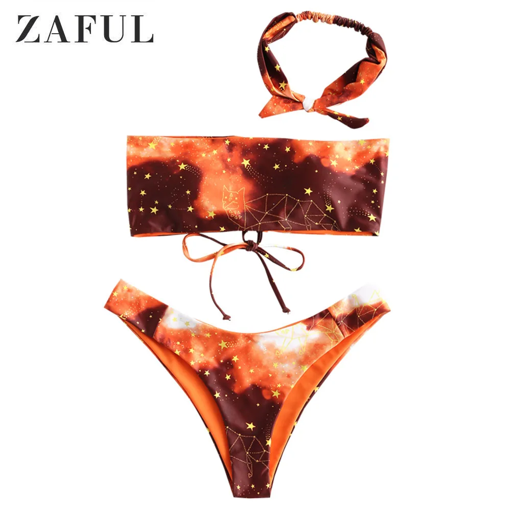 

ZAFUL Marble Chocker Swimwear Bikini Set Women High Leg Swimsuit Marble Print Choker Sexy Spaghetti Straps Bandeau Bikini