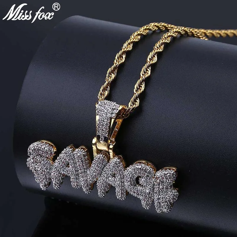 

MISSFOX Hip Hop Frozen SAVAGE Rap Iced Out Pendant 24K Gold Plated AAA Cubic Zirconia Letter Mark Luxury Long Nameplate Necklace