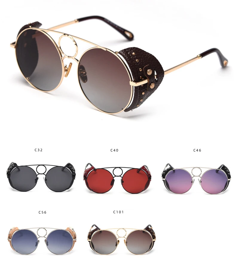 Сплав кожаная оправа панк Поляризованные Солнцезащитные очки женские мужские летние стиль стимпанк Солнцезащитные очки женские ретро круглые оттенки RX144