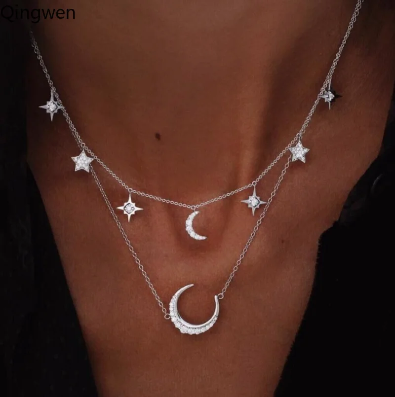 

Qingwen Bohemia Women Fashion Pendant Chain Necklace Metal Five Pointed Star Moon Multi Layer Necklace New Jewelry CA2232/w