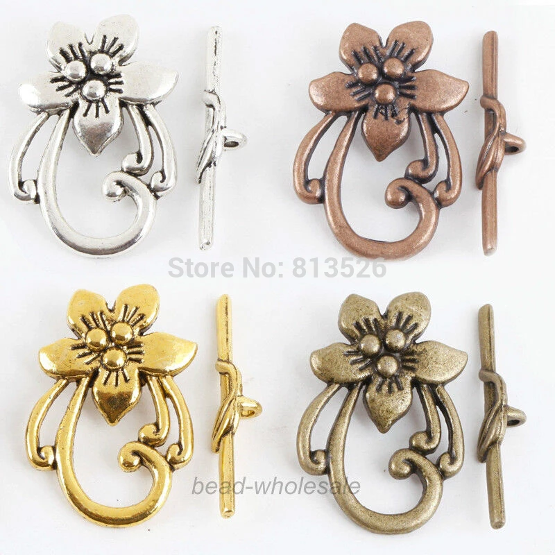 

OMH wholesale 10 Sets Antique Slver/Gold/Bronze/Copper Zinc Alloy Flower Shape Toggle Clasps