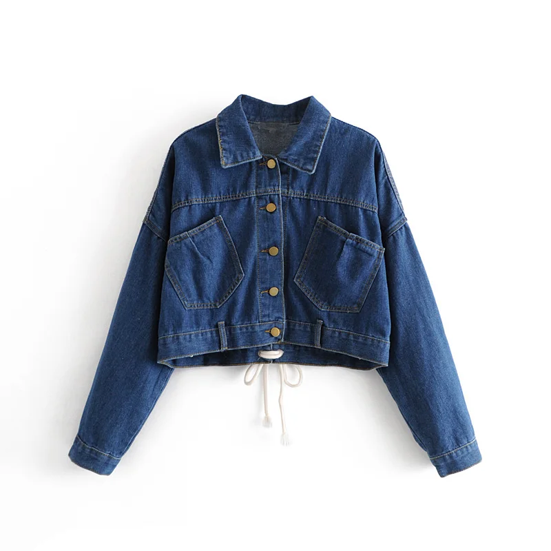Blue Crop Top Jacket Girls Denim Lace Up Pocket Jackets Ladies 2018