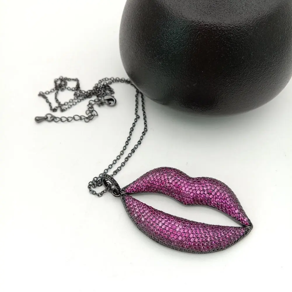 

30x55mm golden plated Cz Pave lip pendant chain necklace