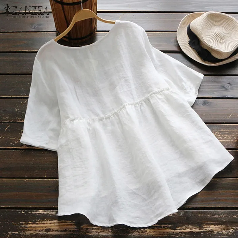 Najtaniej ZANZEA damskie tuniki kobiece Vintage haftowana bluzka guziki, na co dzień asymetryczny brzeg koszule biuro Lady Blusas Plus rozmiar