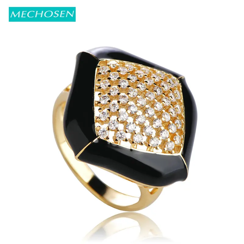 

MECHOSEN Geometric Cubic Zirconia Hollow Rings For Women Men Gold-color Black Enamel Copper Ring Wedding Party Anillos Mujer Vaz