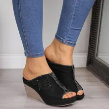 Slipper shoes women summer high heels sandals peep toe denim wedges fashion slipper shoes woman sapato feminino DD281